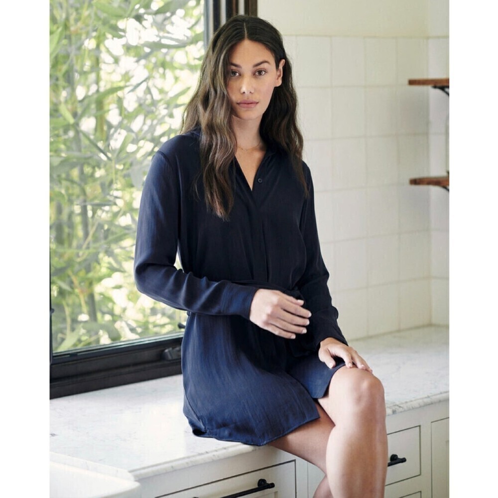 NWT Norma Kamali 100% Cotton Mini Button Down Shirt Dress Navy Blue Womens XS